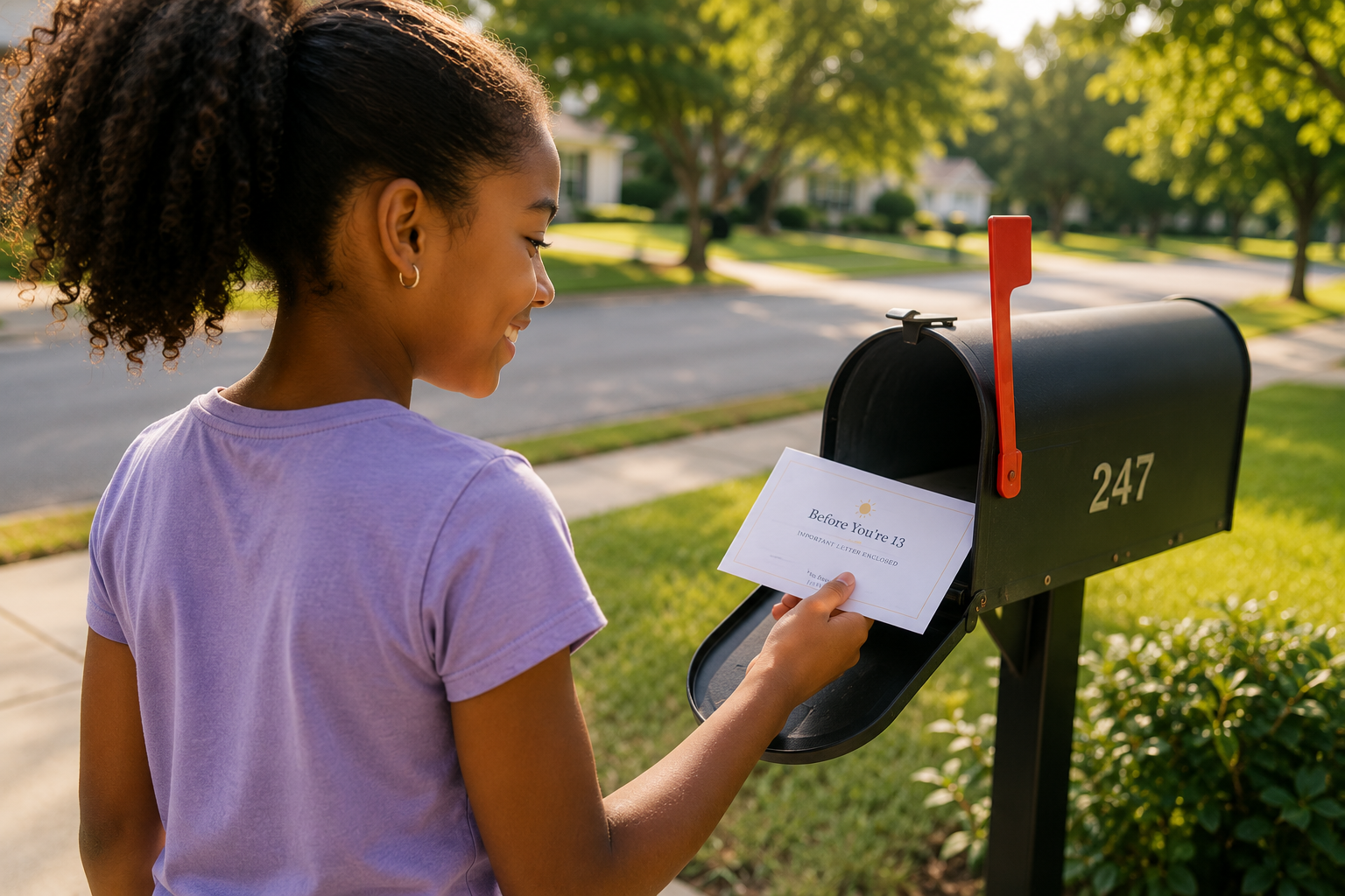 A child receiving a Before You're 13 letter from the mailbox