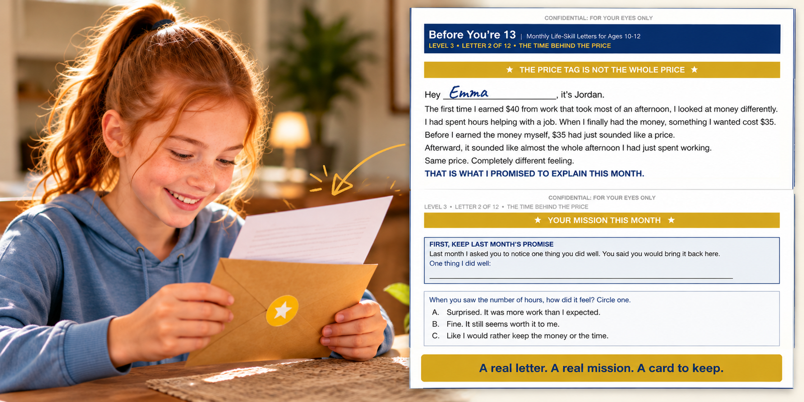 A red-haired girl reading her letter, alongside a close-up preview of the Before You're 13 money letter and its monthly mission
